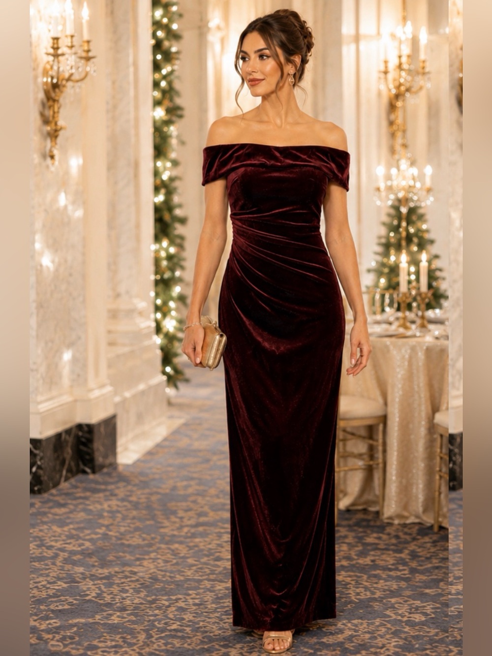 Xscape Off-the-Shoulder Velvet Maxi Dress in Burgundy